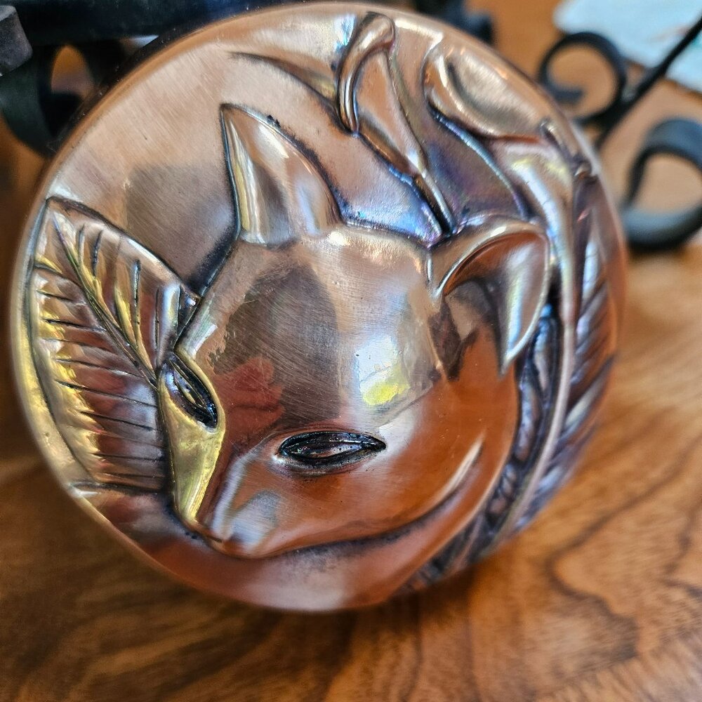 copper big cat and calla lily paperweight